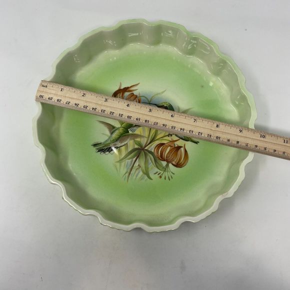 Vintage 1980 Ceramic Pie Plate Dish Green Scalloped Hummingbird Floral Design - Picture 10 of 11